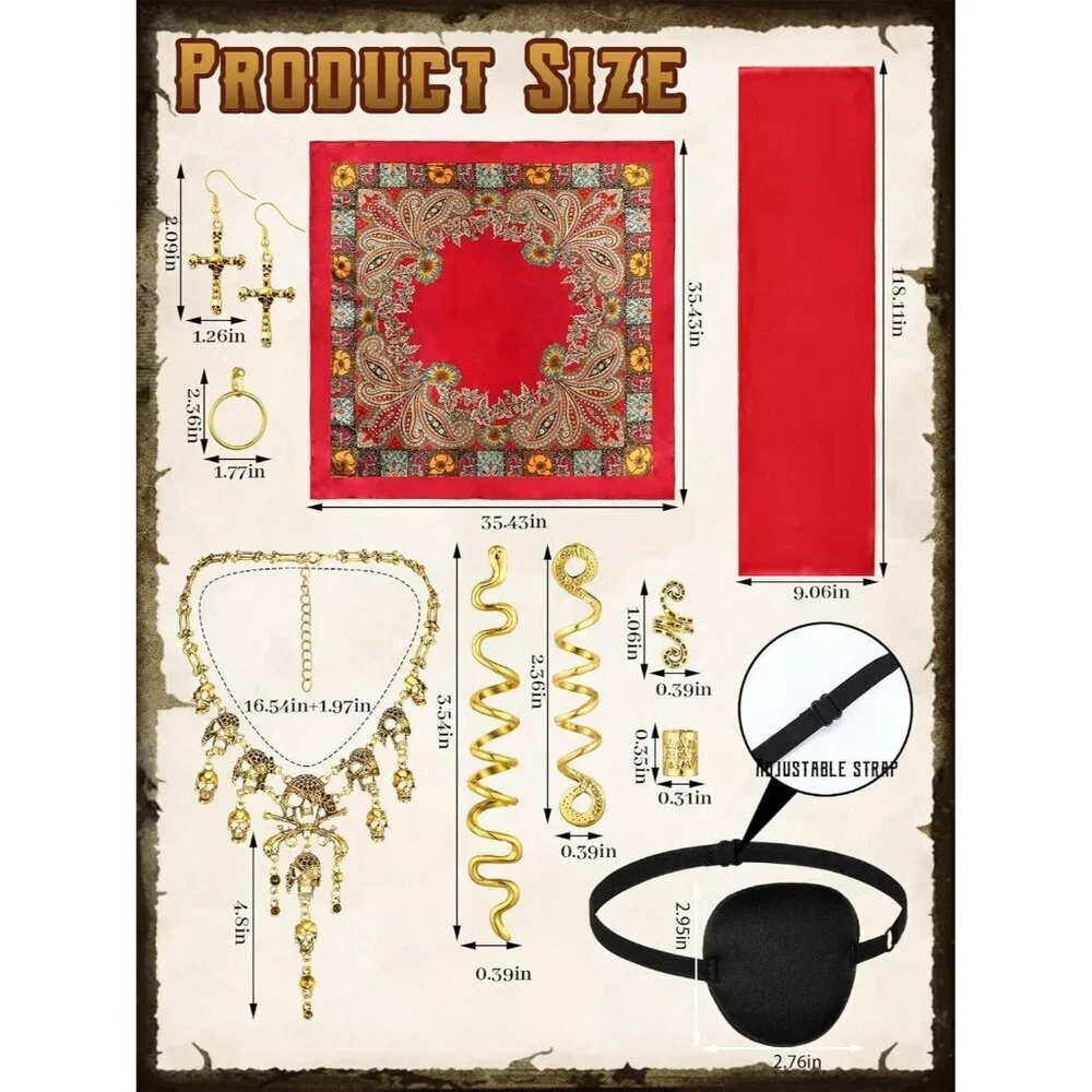 24 Pc Women's Pirate Costume Accessories Set Includes Headscarf Belt Eyepatch
